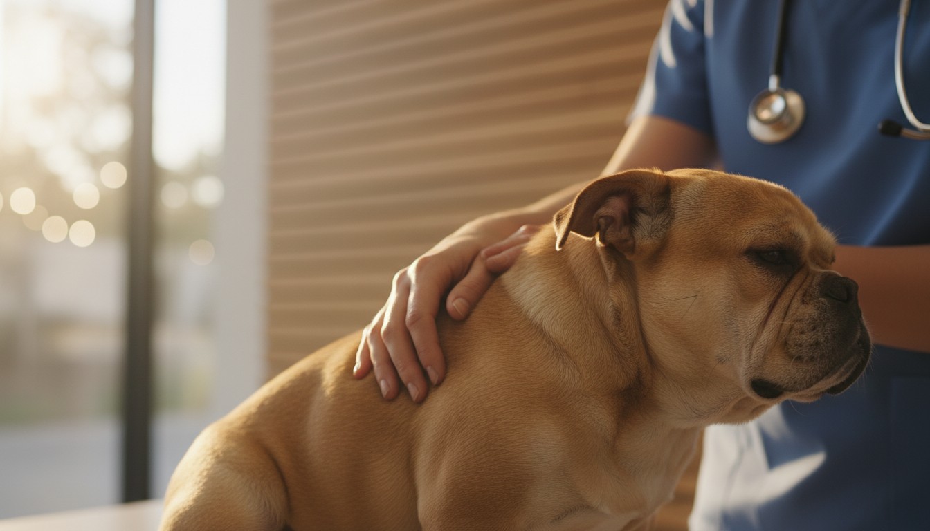 Veterinarian in blue scrubs gently petting a tan English bulldog during a medical examination in a bright clinic.