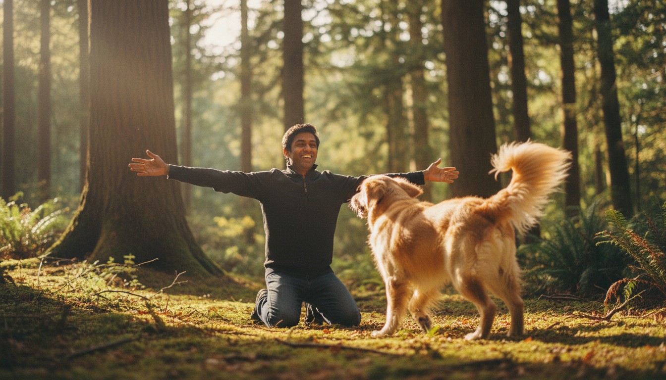 Man kneeling in a sunlit forest with arms wide open, smiling joyfully at a golden retriever dog in a golden hour setting.