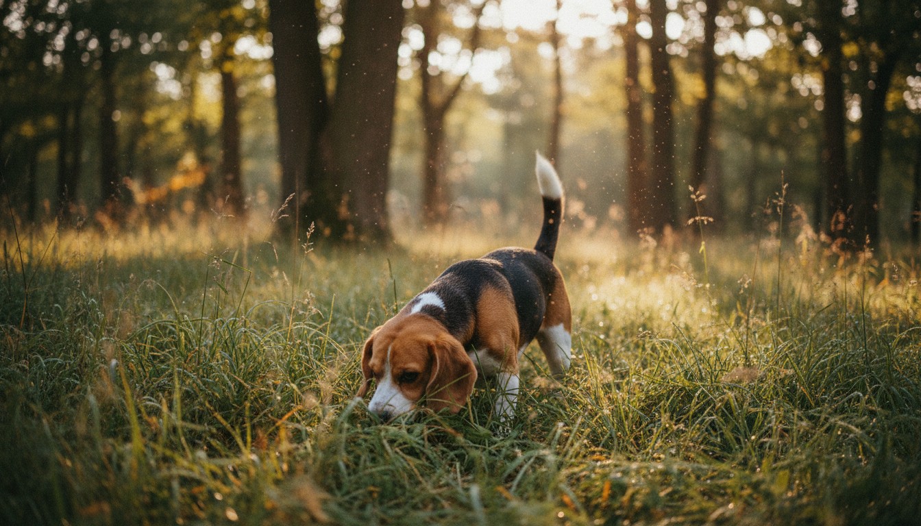 Section 2: 'From Cortisol to Calm: The Science of Stress Reduction' Tricolor Beagle dog sniffing the tall grass in a sunny meadow during golden hour.