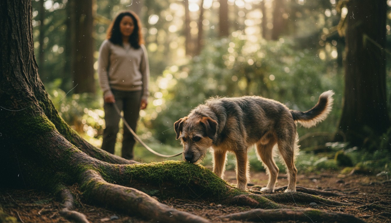 Section 3: 'Physical Fatigue vs. Mental Satisfaction' Scruffy terrier mix dog on a leash sniffing mossy tree roots in a sun-dappled forest with a woman standing in the background.