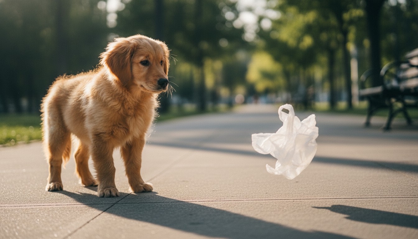 Golden retriever puppy looking at a white plastic bag blowing across a park path.