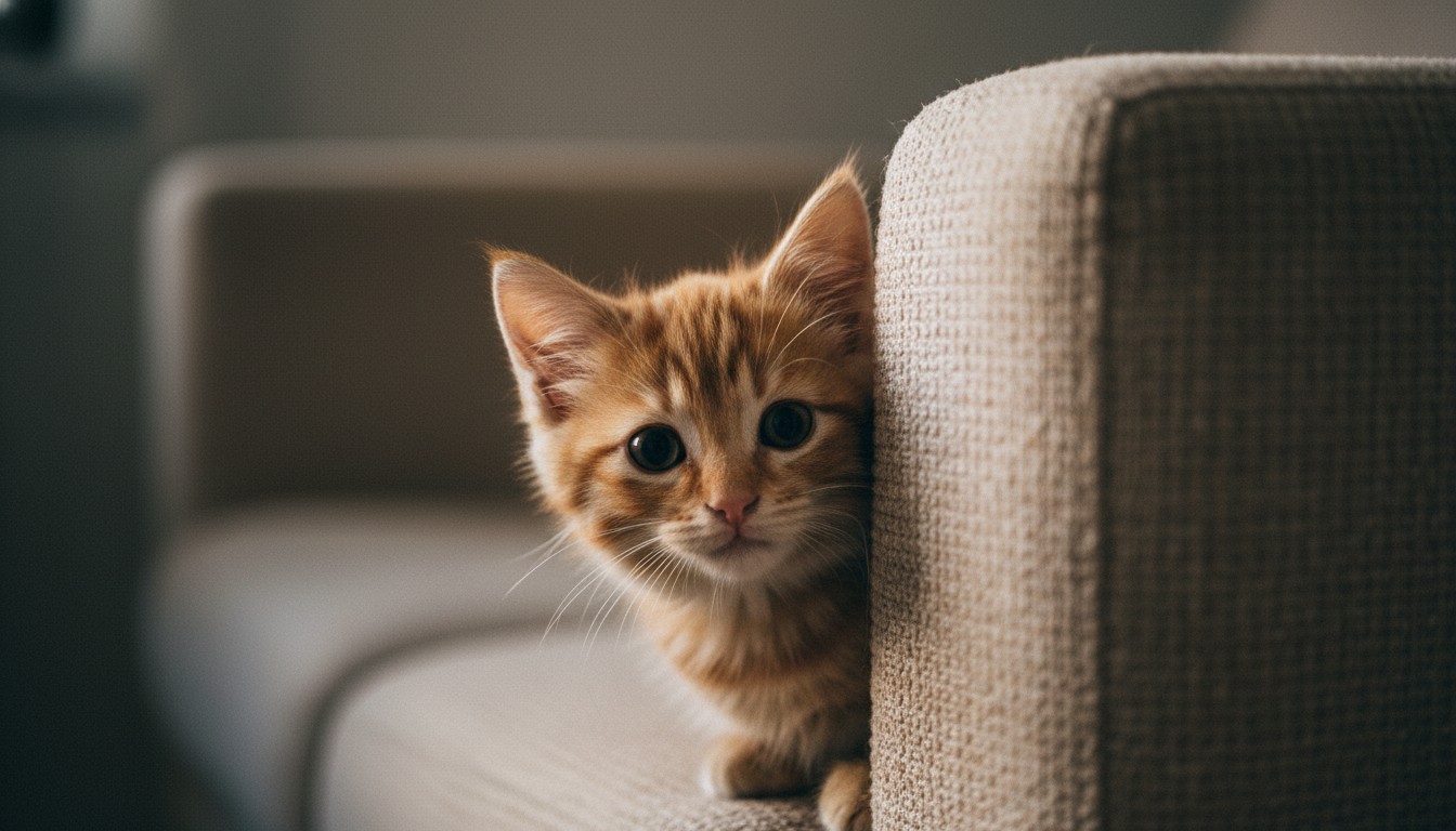 Cute orange tabby kitten peeking from behind a beige sofa cushion in a cozy living room setting.