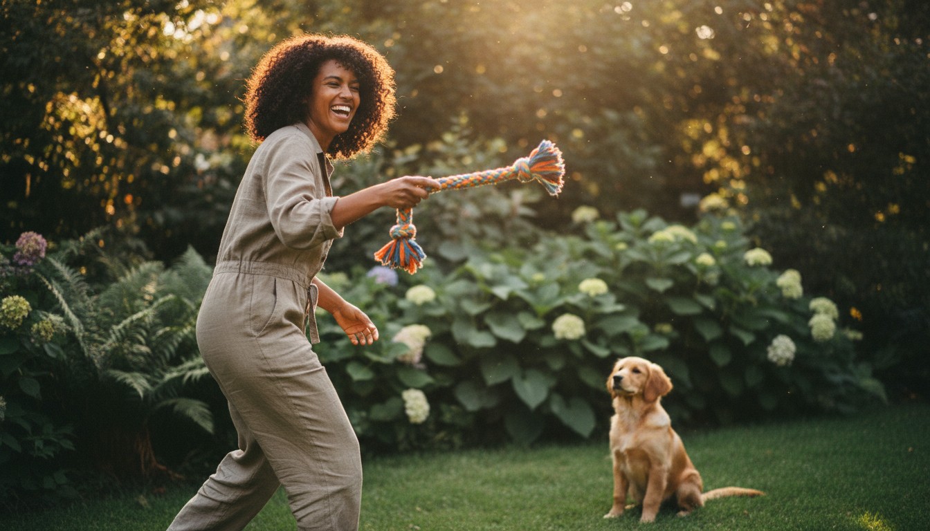 A smiling woman with curly hair playing with a golden retriever puppy in a sunlit garden using a colorful rope tug toy.