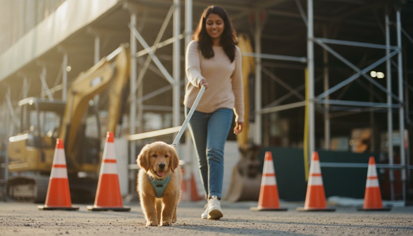 Woman in a beige sweater walking a Golden Retriever puppy on a leash at a construction site with orange traffic cones and an excavator