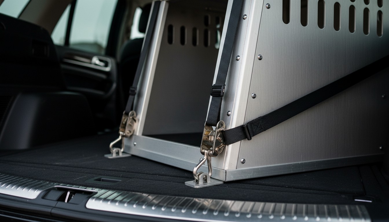 Durable aluminum dog crate for car travel secured with heavy-duty tension straps in a vehicle trunk.