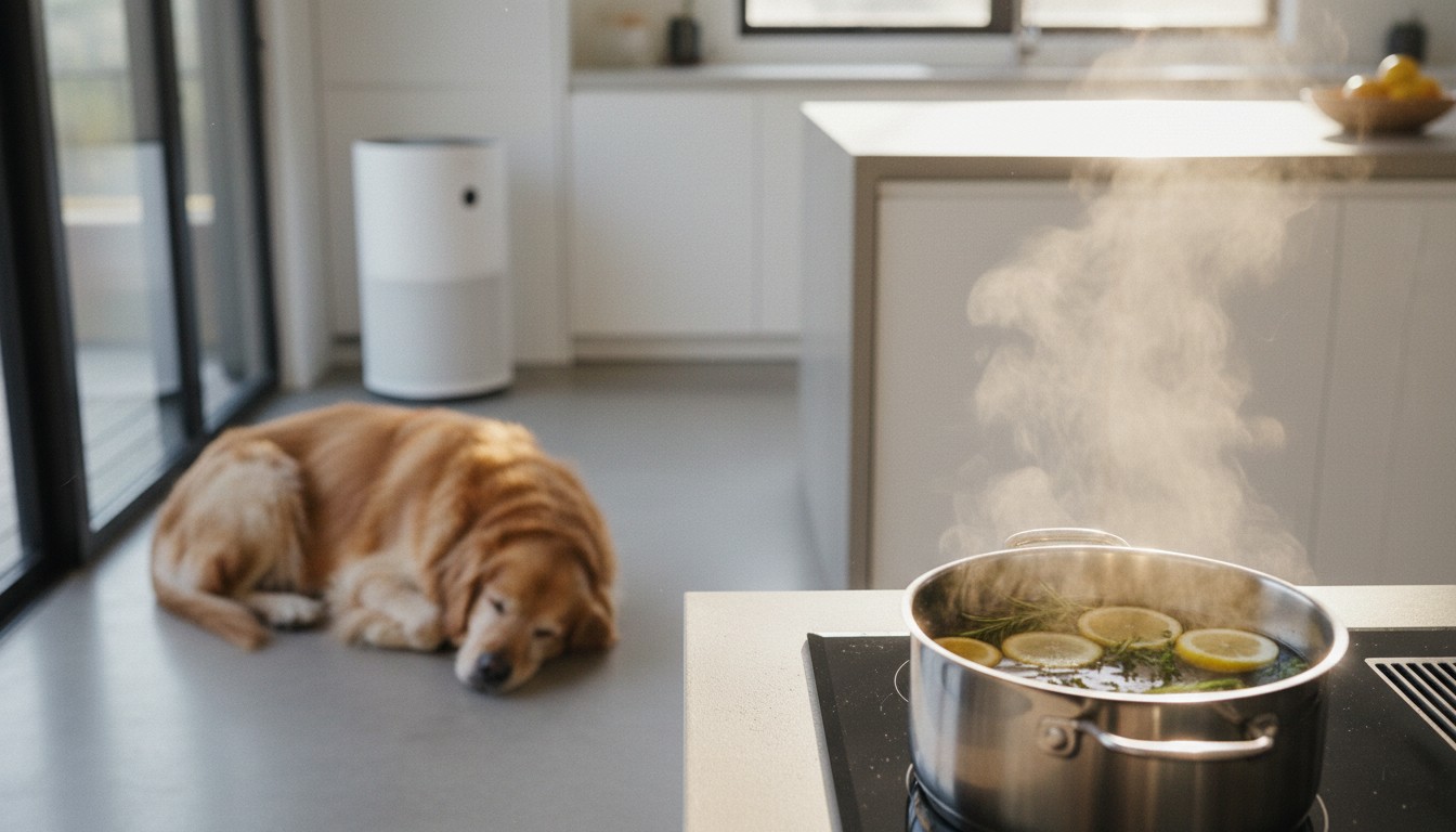 Section 5: 'Safer Alternatives for a Fresh-Smelling Home' Golden retriever sleeping on the kitchen floor near a steaming pot of lemons and herbs with a modern air purifier in the background.