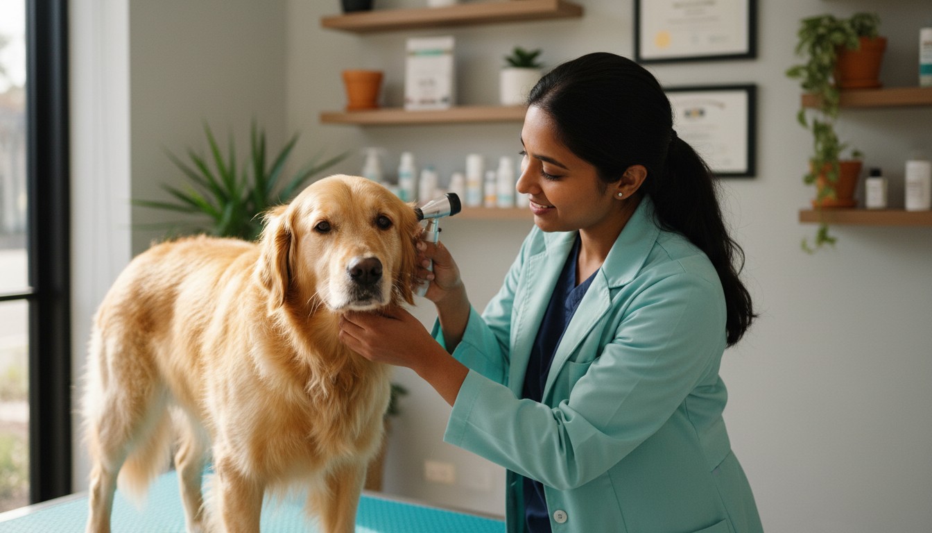 Female veterinarian examining a Golden Retriever's ear with an otoscope in a professional clinic setting.