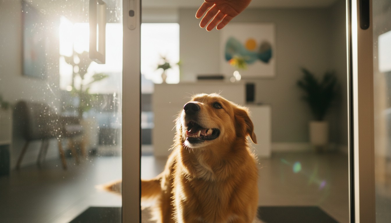 Happy golden retriever dog looking up at an owner hand through a glass door in a sunlit modern living room.
