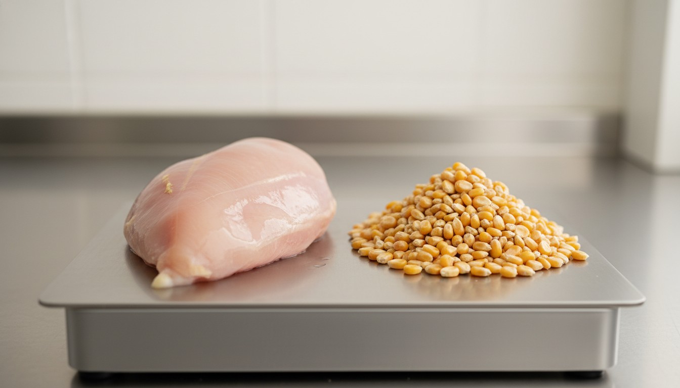 Section 1: 'The Weight Illusion: Pre-Processing vs. Final Product' Raw chicken breast and a pile of yellow corn kernels on a silver digital kitchen scale.