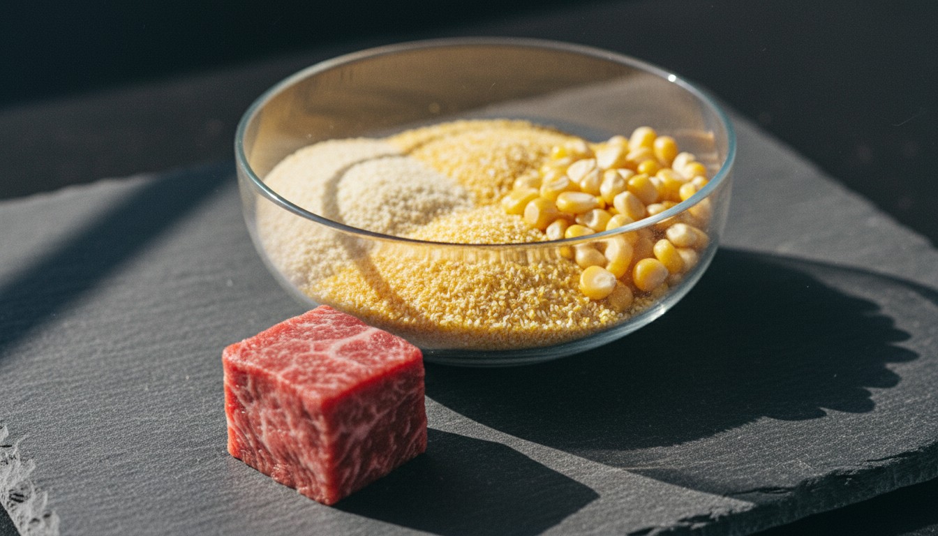 Section 2: 'Defining Ingredient Splitting: The Hidden Math' Cube of marbled raw beef next to a glass bowl containing corn kernels, cornmeal, and fine corn flour on a dark slate board under natural sunlight.