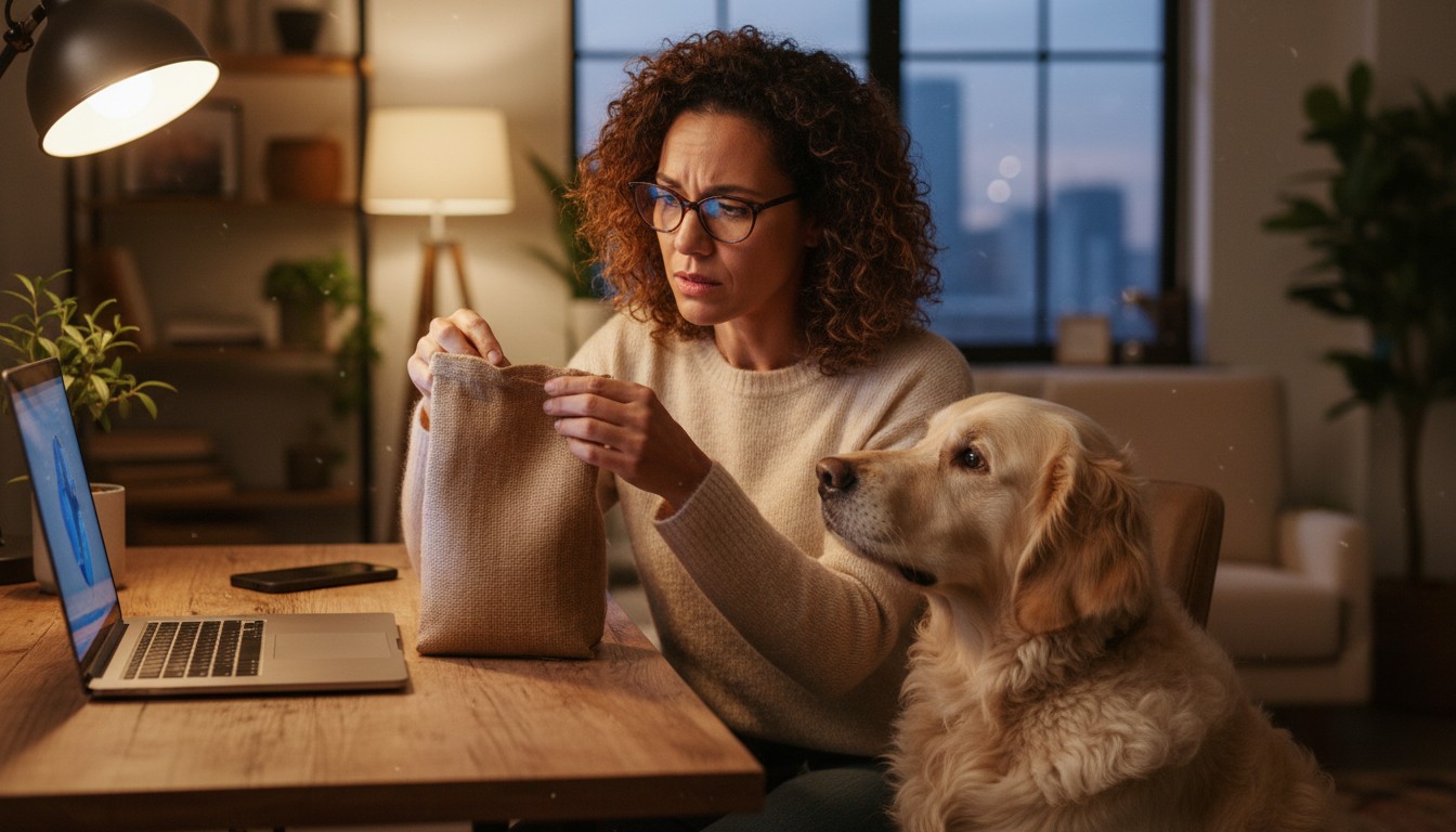 Section 4: 'Troubleshooting: What to Do When Labels are Vague' Woman with glasses looking into a small bag at a desk with a laptop while a golden retriever dog sits beside her in a dimly lit room at night.