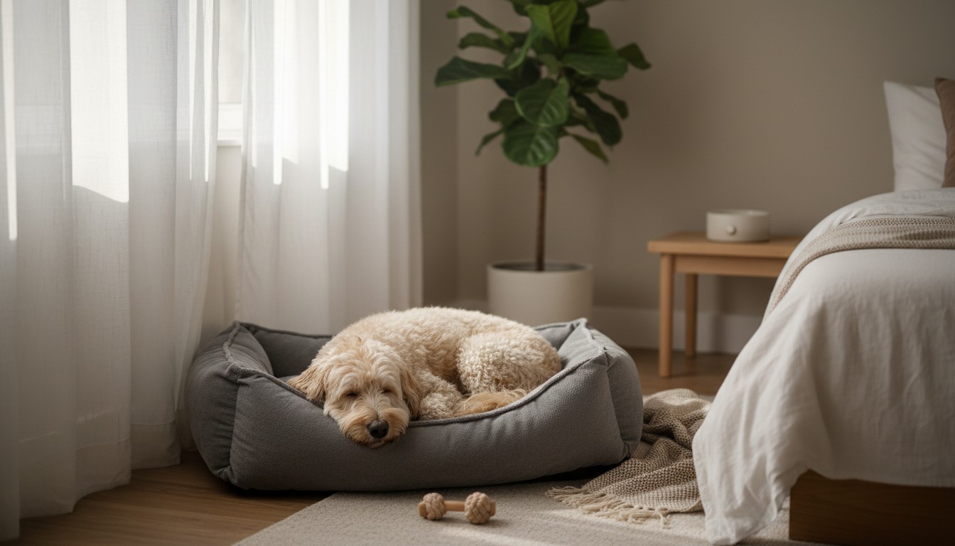 Section 1: 'The Science of Decompression: Managing Cortisol Levels' Fluffy dog sleeping comfortably in a plush grey dog bed next to a window in a cozy bedroom setting.