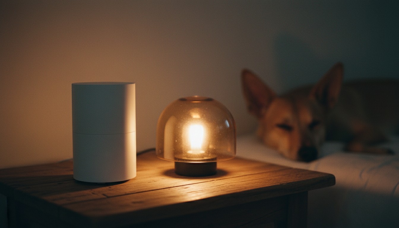 Section 3: 'Sensory Control: Managing Light, Sound, and Scent' Warmly lit bedroom featuring a white cylindrical air purifier and a decorative glass lamp on a wooden nightstand next to a sleeping dog in the background.