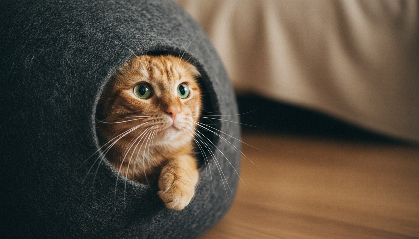Section 4: 'Furnishing the Zone: Tactile Comforts and Safety' Ginger tabby cat with green eyes peeking out of a dark grey felted cat cave. Natural pet furniture for a cozy home.