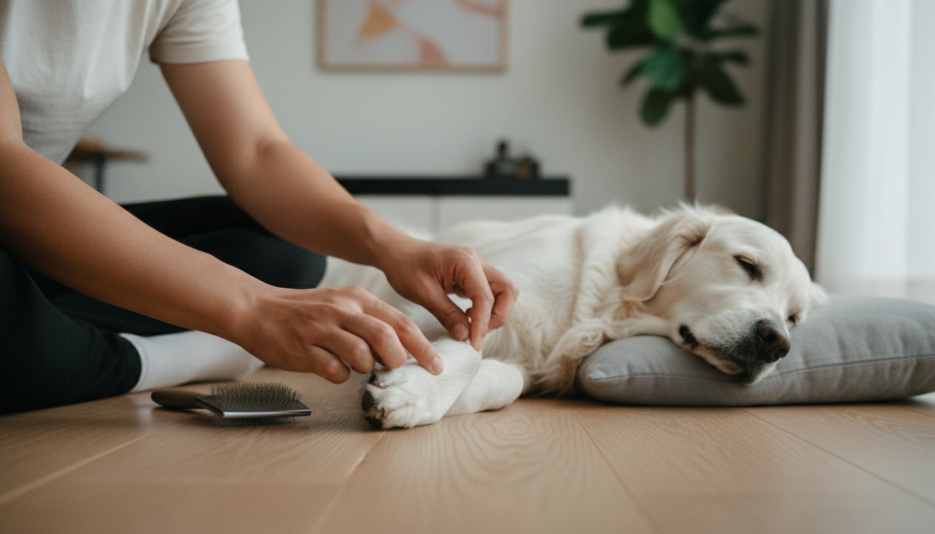 Close-up of hands gently grooming a sleeping white dog paw on a wooden floor with a brush nearby.