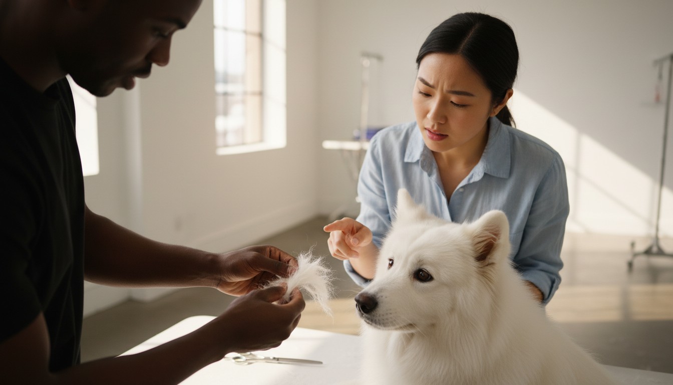 A professional holding a clump of white fur while a concerned owner looks at her fluffy Samoyed dog in a bright veterinary clinic or grooming salon.