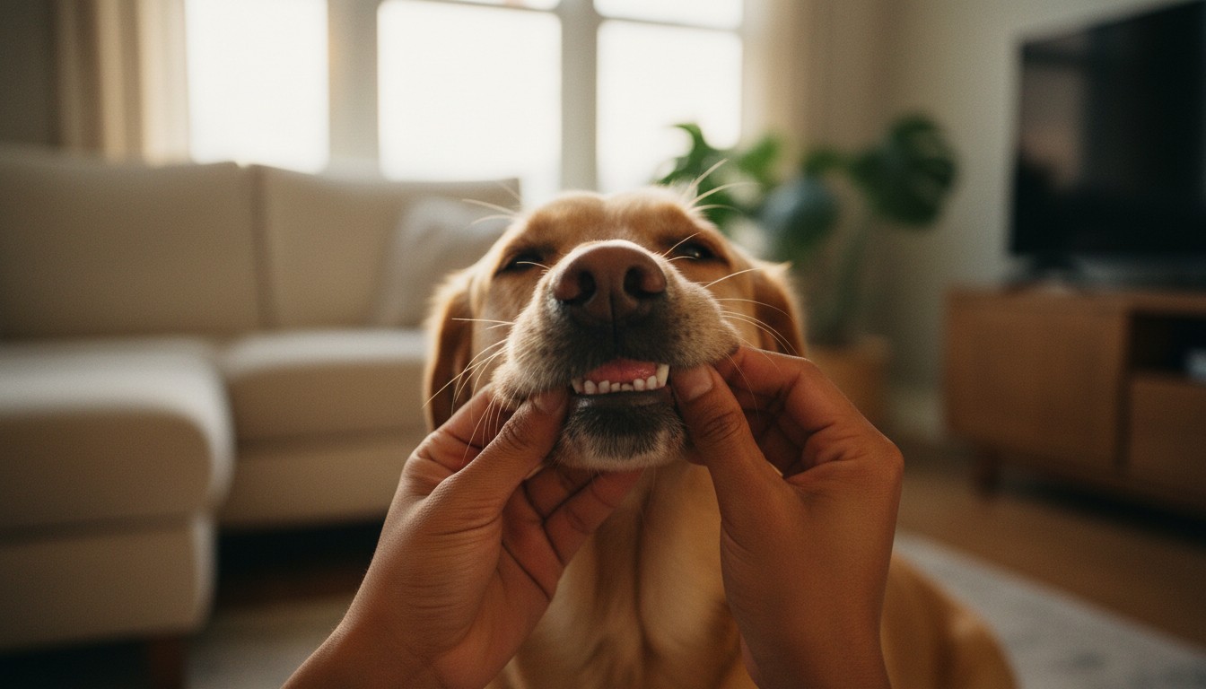 Section 1: 'The Face and Mouth: Checking Vital Signs' Close-up of a person checking a golden retriever's teeth in a bright living room for pet dental health and oral hygiene.
