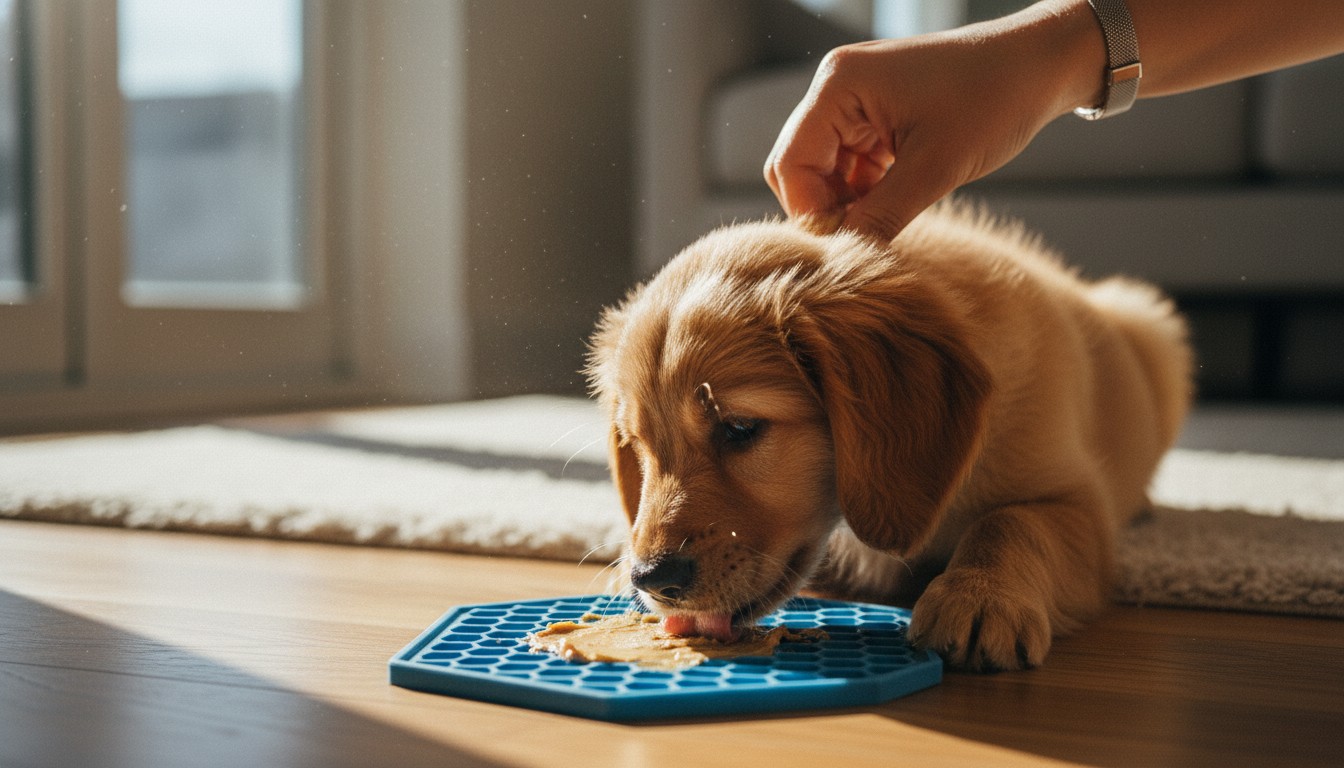 Section 5: 'Troubleshooting: Managing a Wiggling Pet' Golden retriever puppy licking peanut butter from a blue silicone lick mat on the floor while being petted.