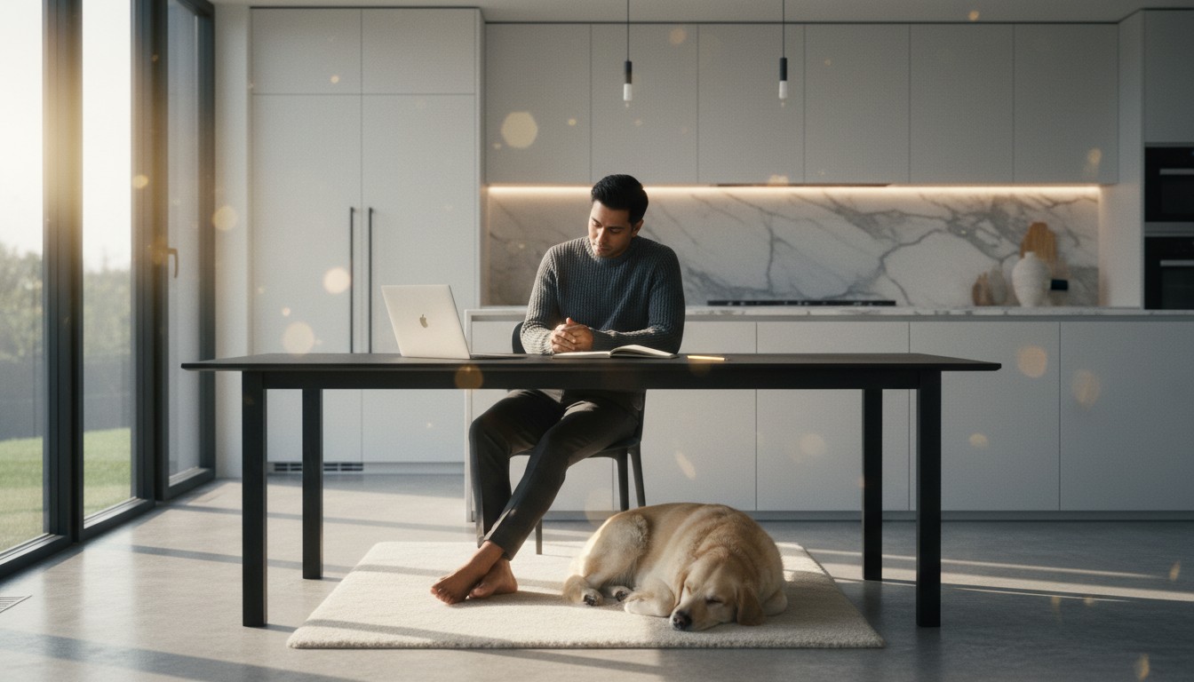 Man working remotely on a laptop in a bright modern kitchen while his golden retriever dog sleeps under the table on a white rug.