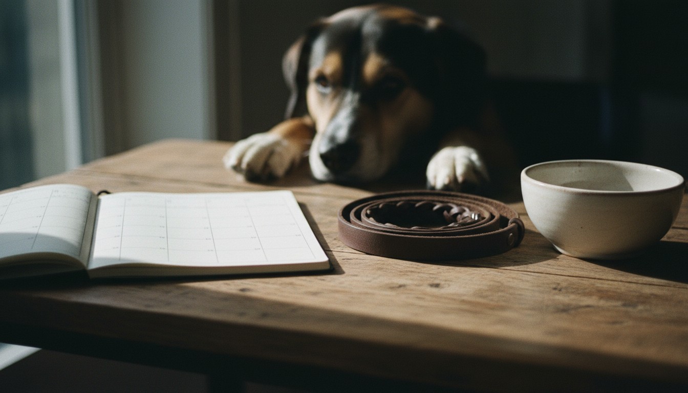 Dog looking at a leather leash and open planner on a wooden table in sunlight.