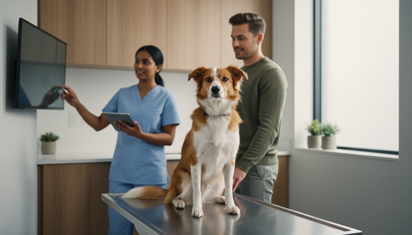 A brown and white Border Collie sits on a vet examination table while a veterinarian points at a digital screen for the pet owner.