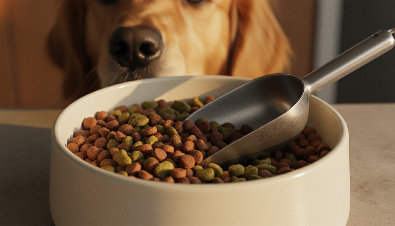 Golden retriever dog looking at a white bowl of multi-colored dry kibble with a metal scoop.