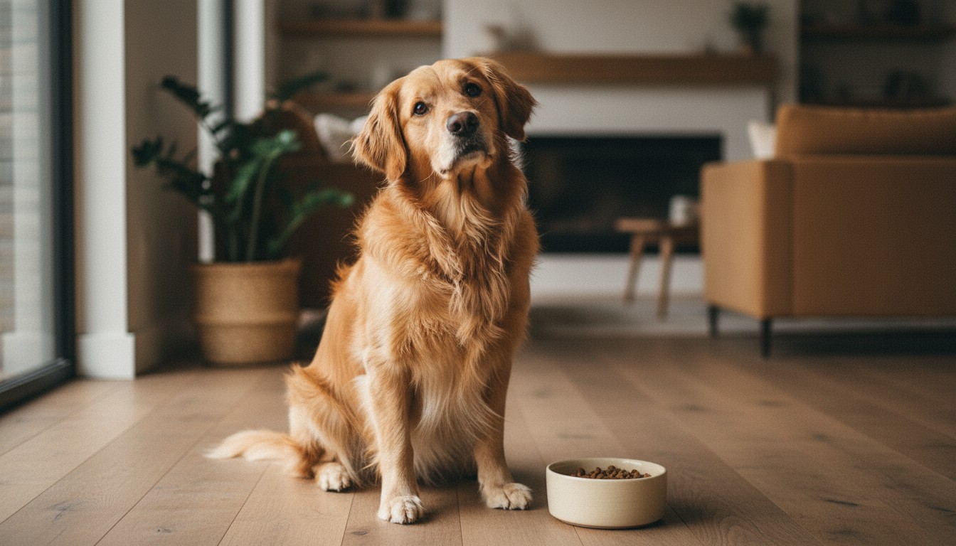 Friendly Golden Retriever dog sitting on a wooden floor next to a ceramic bowl filled with dry kibble in a cozy modern living room.