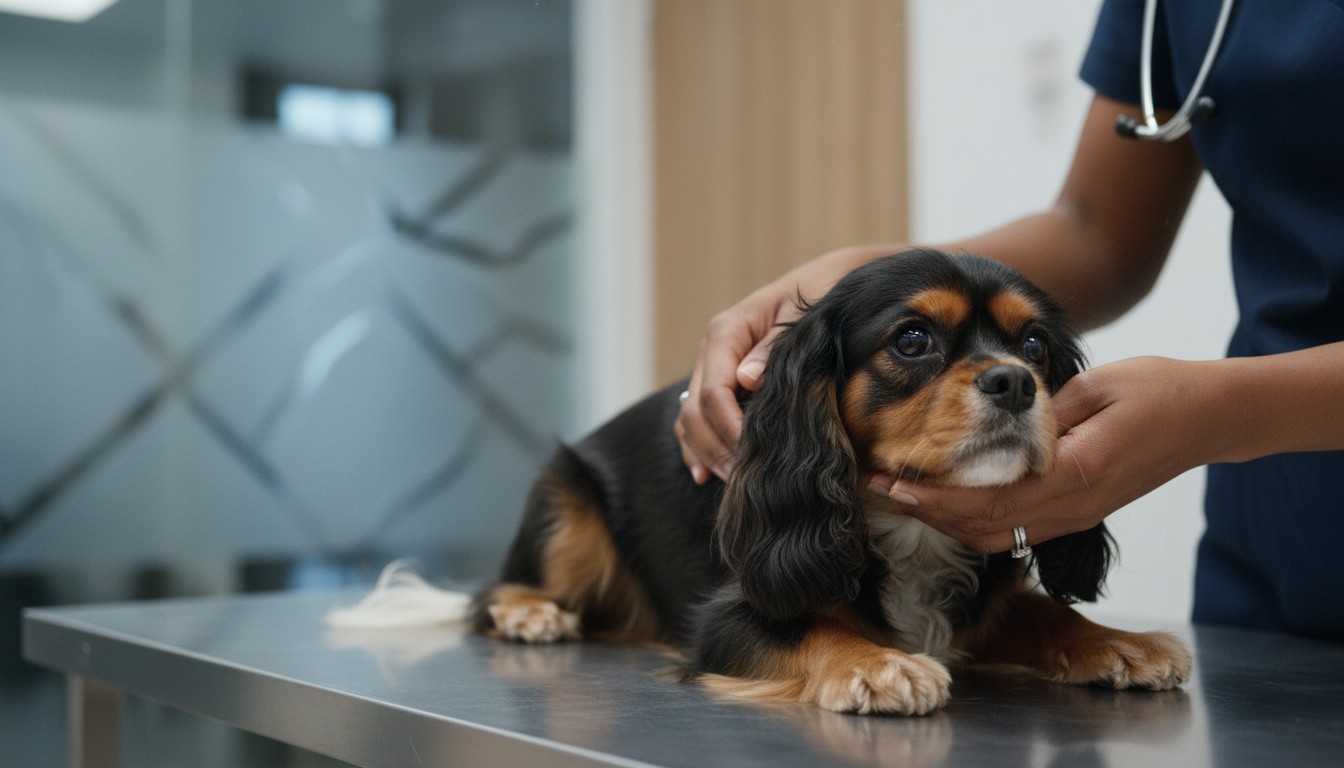 A tricolor Cavalier King Charles Spaniel being gently examined by a veterinarian in a clinic. The vet hands support the dog head on a metal exam table during a routine pet health checkup.