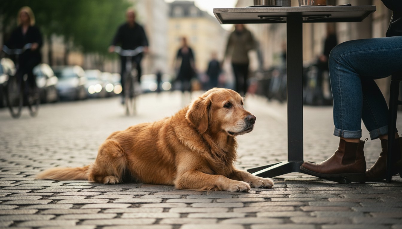 Section 4: 'Real-World Scenarios for Neutrality Practice' A calm golden retriever lying on a cobblestone street at an outdoor sidewalk cafe with a person sitting nearby.
