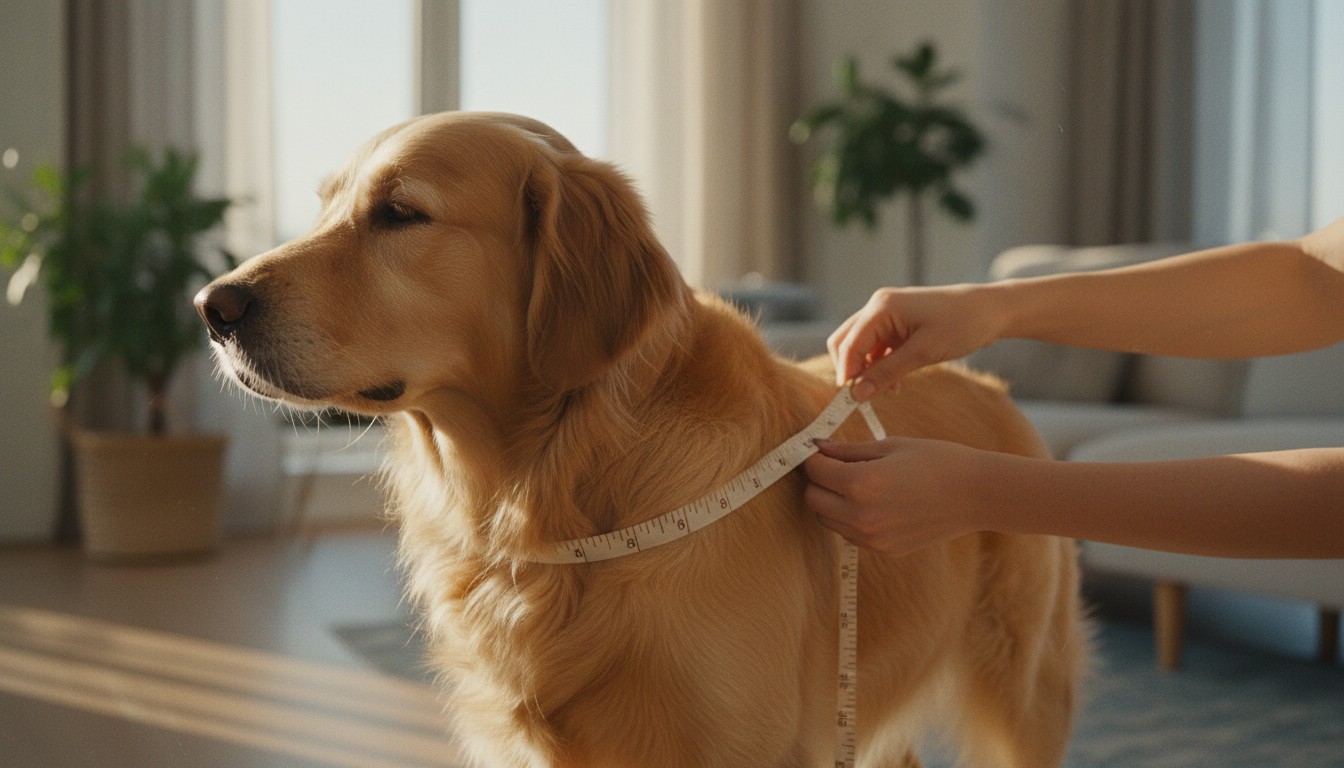 Golden Retriever dog being measured with a soft white tape for a harness or collar in a sunlit living room.