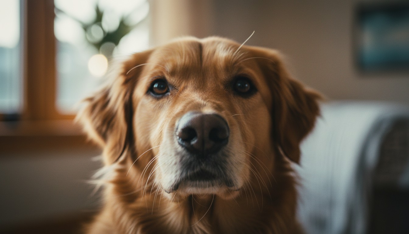 Close-up portrait of a friendly Golden Retriever dog looking directly at the camera in a warm, blurred home interior setting.