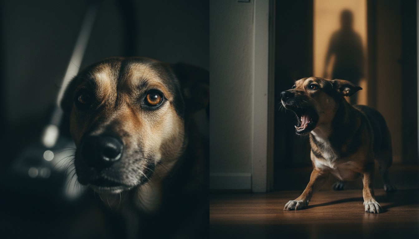 Close-up of an alert mixed-breed dog and the same dog barking aggressively at a mysterious silhouette standing in a dark doorway at night.
