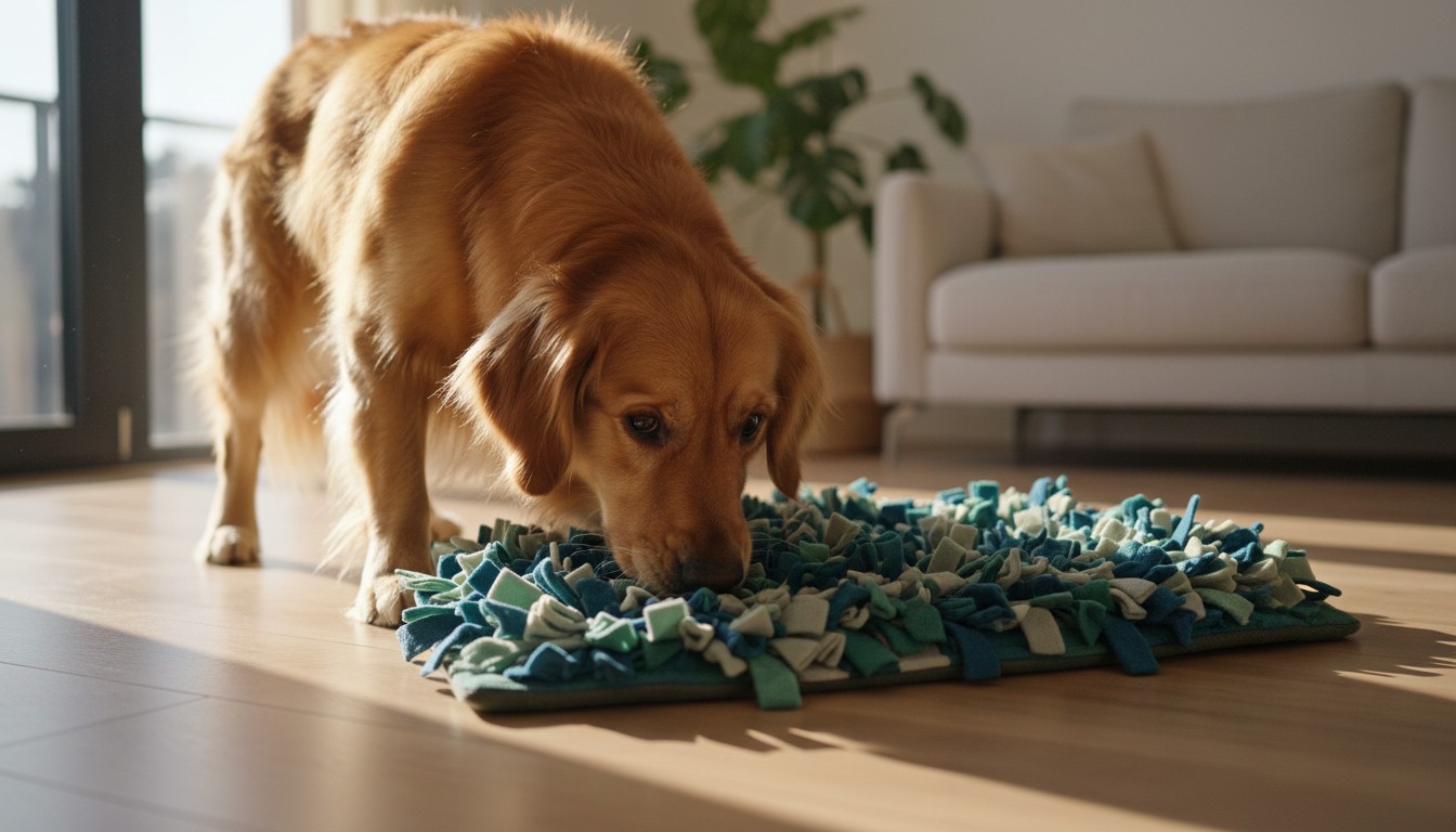 Golden retriever dog sniffing a colorful snuffle mat for mental stimulation on a wooden floor.